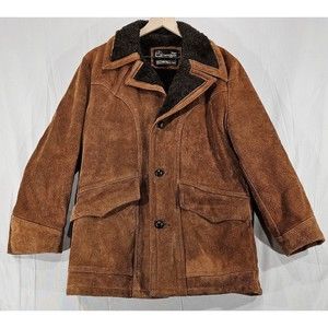 Vintage Sears Leather Shop Jacket Men 40 Suede Coat Faux Fur Sherpa Lined Brown